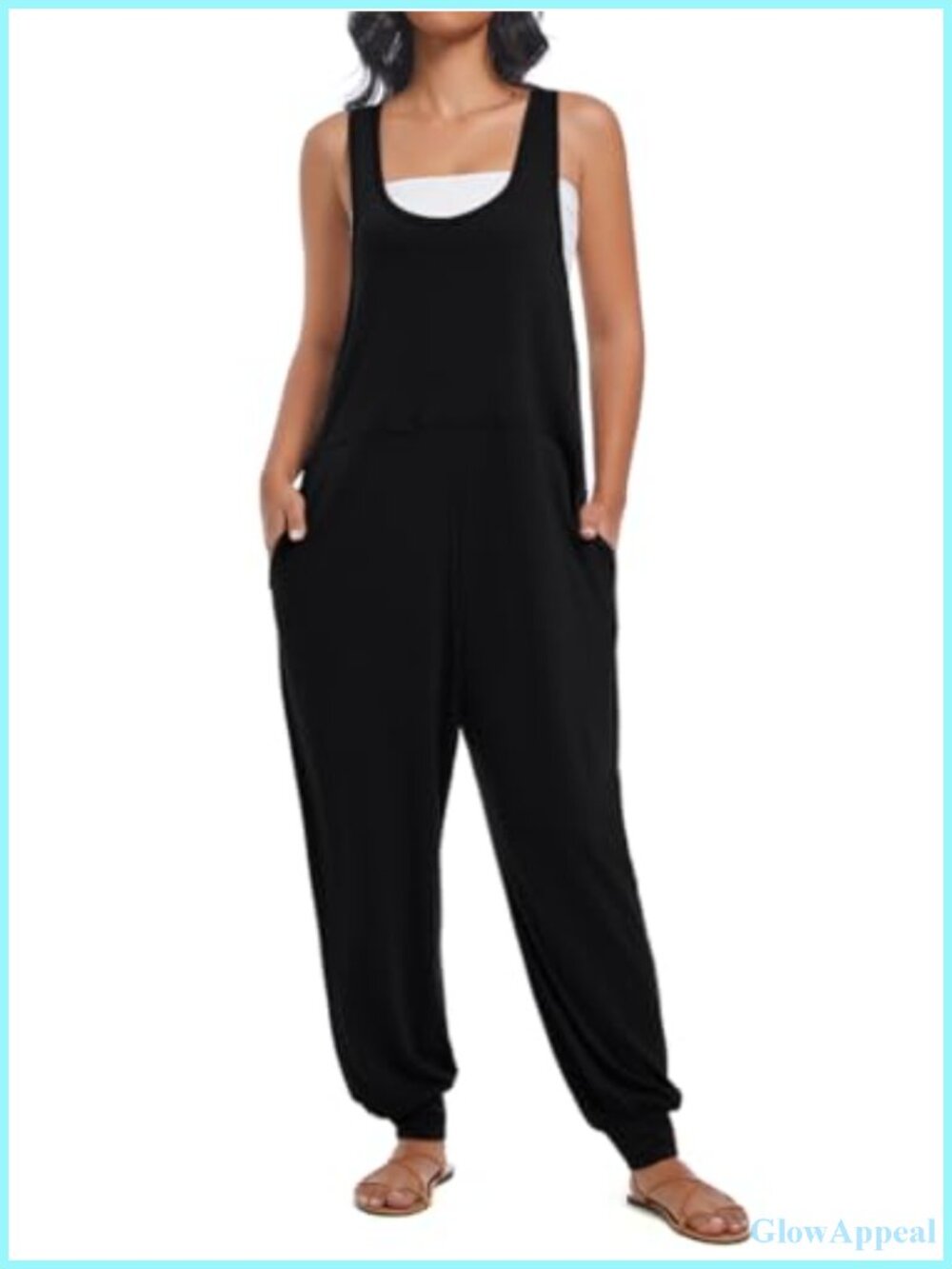 Women's Sleeveless Jumpsuit with Pockets Loose Harem Pants Romper Summer Trendy